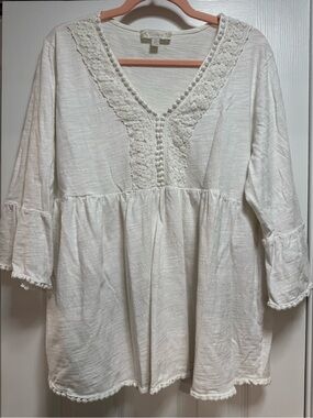 Suzanne Betro White Crochet Trim Peasant Tunic